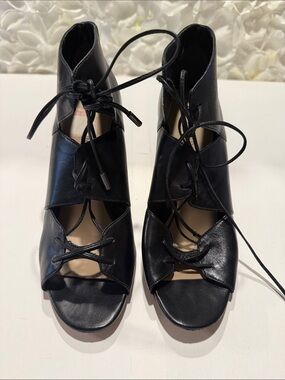 Via Spiga Black Lace-Up Peep-Toe Heels